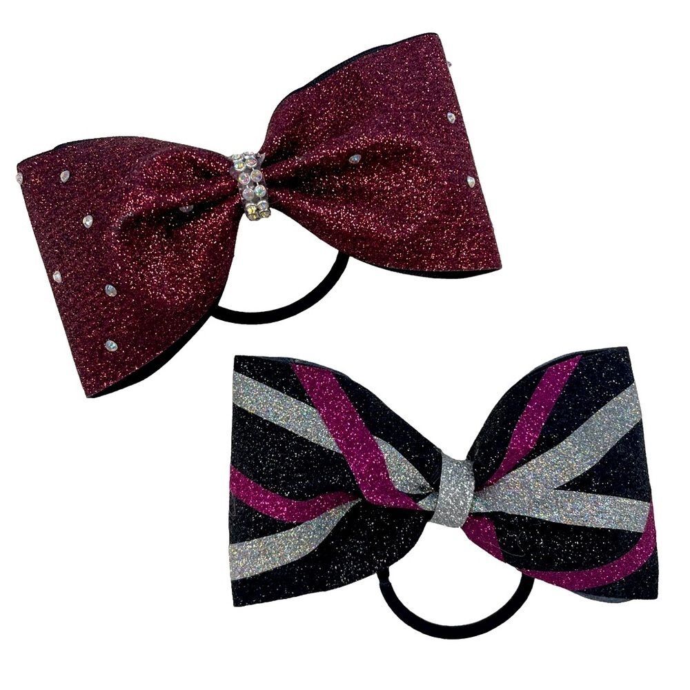 Cheer Hair Bows Set of 2 Elastic Band Burgundy Black Pink Silver Girl's Small